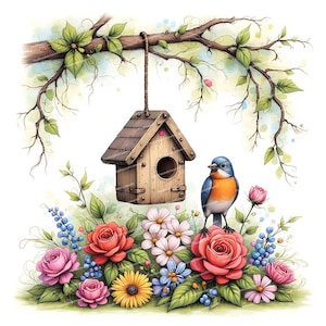 12 clipart de alimentador de pássaros rústicos, casa de pássaros em aquarela, arte floral vintage, JPGs de alta qualidade para diários de lixo, criação de cartões de scrapbooking