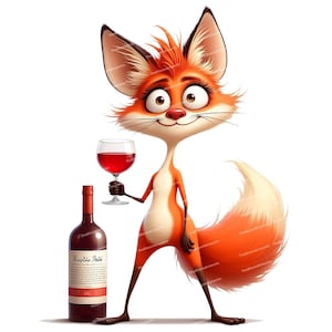 Könnte beinhalten: Ein Cartoon-Fuchs mit orangefarbenem Fell, der ein Glas Rotwein hält. Eine Weinflasche mit Etikett befindet sich neben dem Fuchs. Der Fuchs hat eine weiße Brust und einen flauschigen Schwanz. Der Hintergrund ist weiß.