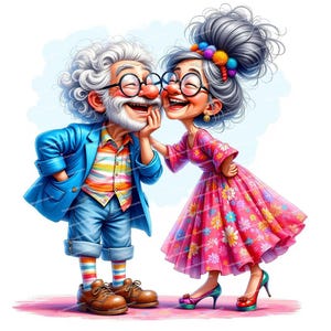 12 skurrile Cliparts mit alten Paaren, süße Oma- und Opa-Illustrationen, Kunst glücklicher Großeltern, hochwertige JPGs für die Kartenherstellung in Junk Journals