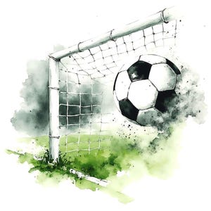May include: A watercolor painting of a soccer ball flying into a goal net. The ball is white with black panels and is in mid-air. The goal net is white and is partially obscured by a green field and a gray cloud.