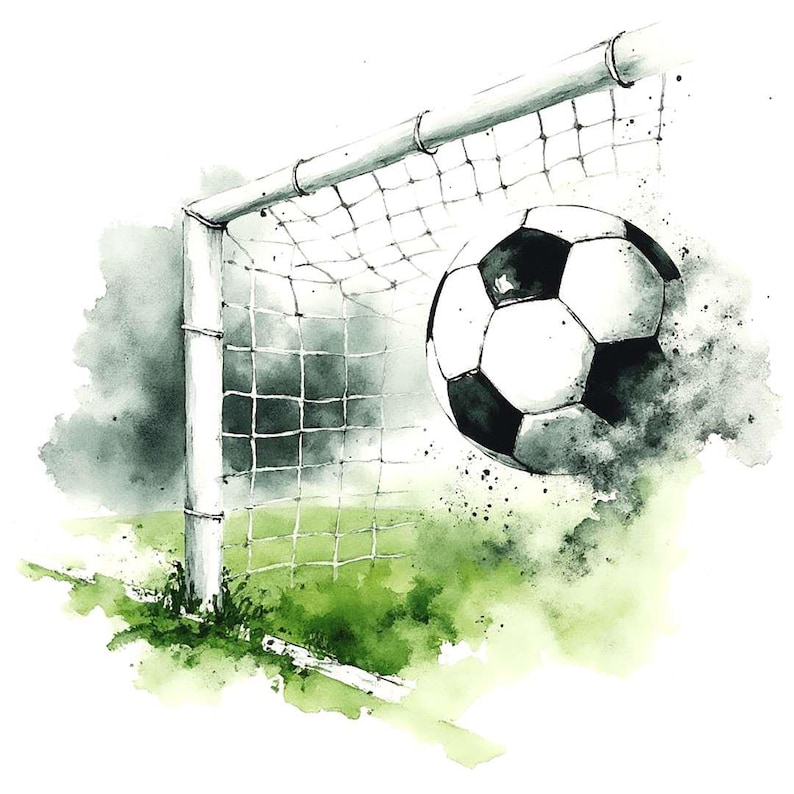 May include: A watercolor painting of a soccer ball flying into a goal net. The ball is white with black panels and is in mid-air. The goal net is white and is partially obscured by a green field and a gray cloud.
