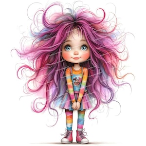 12 Whimsical Girl Clipart, Pink Hair Girl Clipart, Colorful Hair Girls, High Quality PNGs, Sublimation Design, Clip Art for Cards Invites