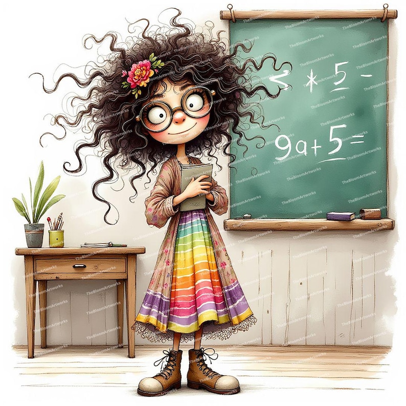Pode incluir: Uma menina com cabelo castanho encaracolado e &oacute;culos est&aacute; em p&eacute; na frente de um quadro-negro. Ela est&aacute; vestindo um vestido arco-&iacute;ris e segurando um livro. O quadro-negro tem problemas de matem&aacute;tica escritos nele, incluindo "9a + 5 = ".