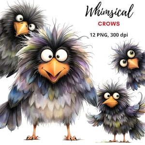 12 imágenes prediseñadas de cuervos divertidos, ilustración de cuervo caprichoso, pájaro de dibujos animados esponjoso, PNG de alta calidad, imágenes prediseñadas para tarjetas, invitaciones, sublimación