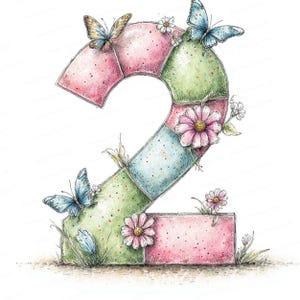 May include: Watercolor illustration of the number two, decorated with butterflies and flowers. The number is segmented into pink, green, and blue sections. Butterflies with orange and blue wings rest on the number, with pink daisies and green grass.