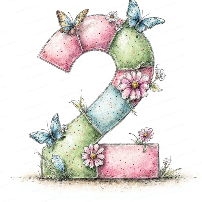 May include: Watercolor illustration of the number two, decorated with butterflies and flowers. The number is segmented into pink, green, and blue sections. Butterflies with orange and blue wings rest on the number, with pink daisies and green grass.