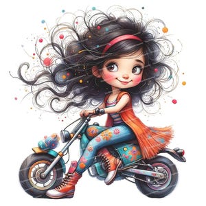 12 Whimsical Biker Girl Clipart, Cartoon Girl on Bike, Motorcycle Girl, High Quality JPG/PNGs for Junk Journals Scrapbooking Card Making