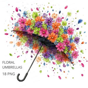 18 imagens de guarda-chuvas florais, guarda-chuvas com flores em aquarela, ilustração de primavera, download digital, PNG de alta qualidade, ideal para diários de arte e confecção de cartões.