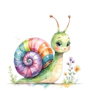 11 imágenes prediseñadas de caracoles de dibujos animados en acuarela, imágenes prediseñadas de animales extravagantes, decoración de guardería en el bosque, archivos JPG de alta calidad, descarga digital, revistas basura