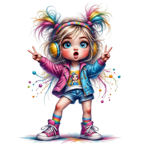12 Whimsical Girl Clipart, Cute Cartoon Girl, Messy Hair Teen, Girl with Headphones, High Quality PNGs for Junk Journals and Card Making