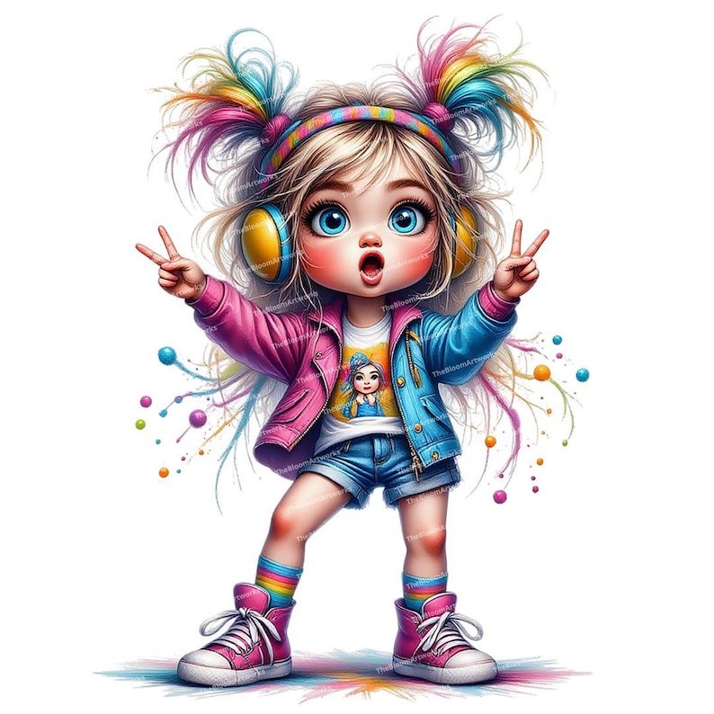 12 Whimsical Girl Clipart, Cute Cartoon Girl, Messy Hair Teen, Girl with Headphones, High Quality PNGs for Junk Journals and Card Making image 1