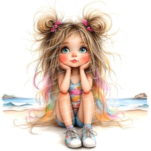 12 imágenes prediseñadas de chicas playeras, imágenes prediseñadas de chicas de verano, imágenes prediseñadas de chicas de dibujos animados peculiares, imágenes prediseñadas de niños pequeños, PNG de alta calidad, descargas digitales