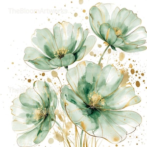 May include: Watercolor illustration of four flowers in shades of green and gold. The flowers have delicate petals with gold outlines and centers. Gold paint splatters are scattered around the flowers against a white background.