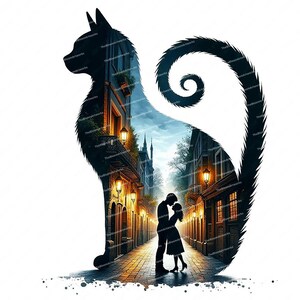 11 siluetas de gato, imágenes prediseñadas de gato romántico, imágenes prediseñadas de amor, silueta de pareja, JPG de alta calidad para crear tarjetas, álbumes de recortes y diarios basura.