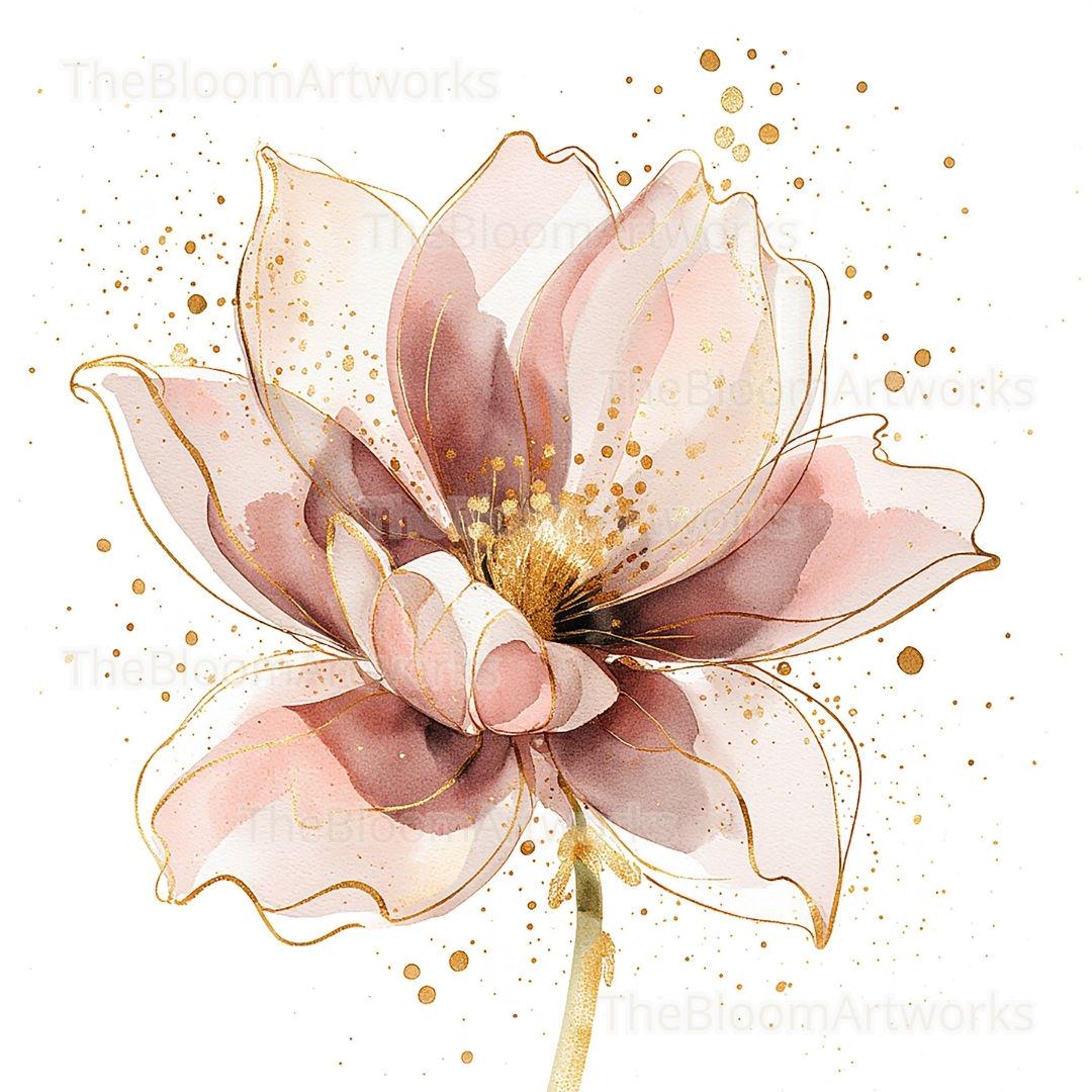 水彩画 アート 花の絵 水彩画の花のクリップアート12点、ピンクゴールドの花、花のイラスト
