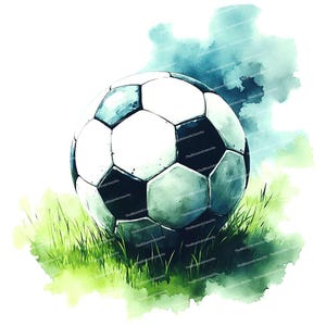 May include: A black and white soccer ball sitting on green grass with a watercolor background.