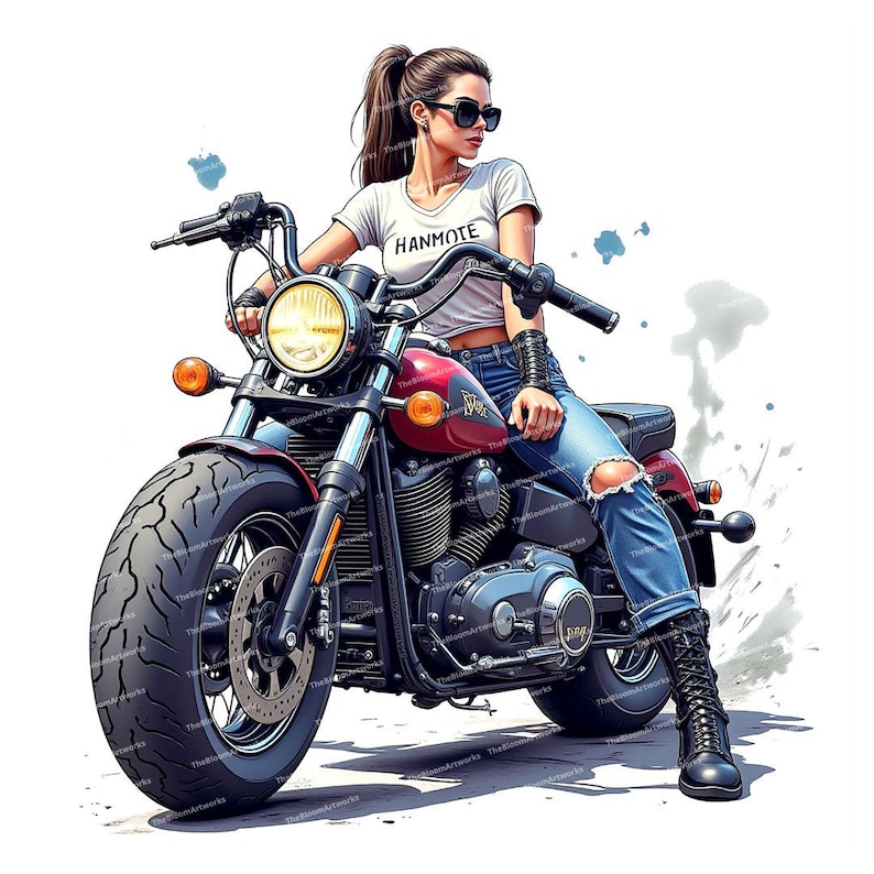 May include: A woman wearing sunglasses and a white t-shirt with the word "HANMOTE" printed on it, sits on a red and black motorcycle. The motorcycle has a large front tire and a chrome exhaust.