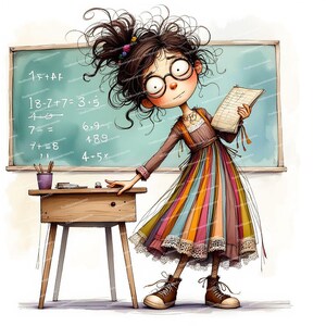 Pode incluir: Uma ilustra&ccedil;&atilde;o de desenho animado de uma professora em p&eacute; na frente de um quadro-negro com equa&ccedil;&otilde;es matem&aacute;ticas escritas nele. Ela est&aacute; segurando um papel corrigido em sua m&atilde;o e tem uma express&atilde;o de surpresa no rosto.