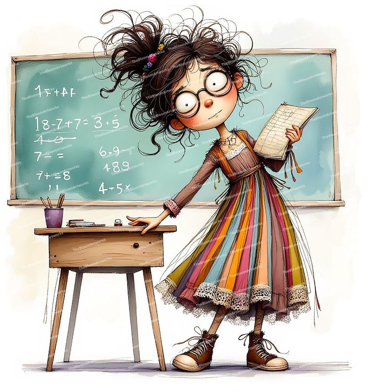Pode incluir: Uma ilustra&ccedil;&atilde;o de desenho animado de uma professora em p&eacute; na frente de um quadro-negro com equa&ccedil;&otilde;es matem&aacute;ticas escritas nele. Ela est&aacute; segurando um papel corrigido em sua m&atilde;o e tem uma express&atilde;o de surpresa no rosto.