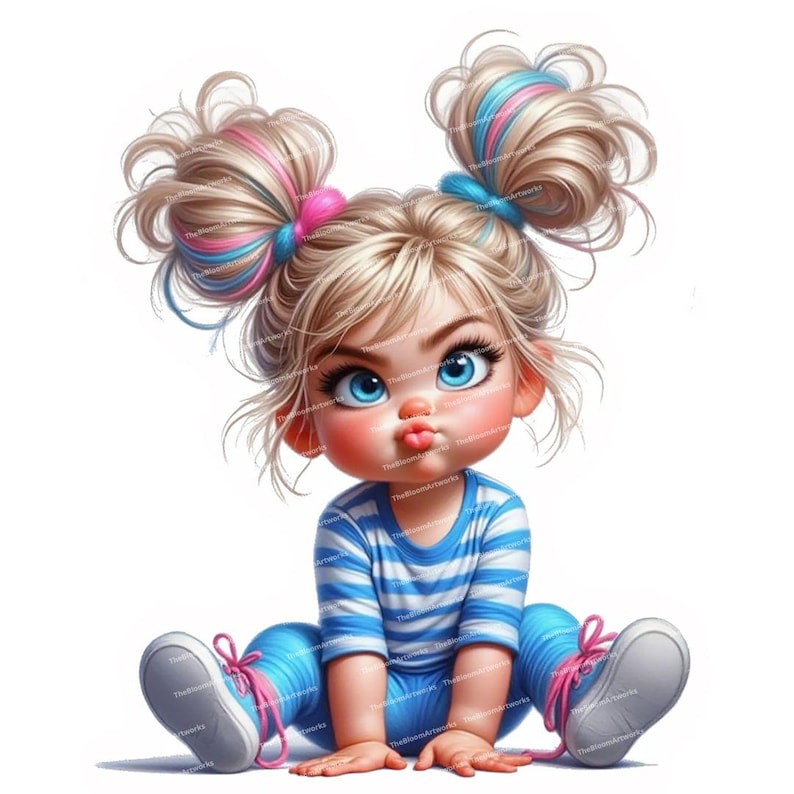 12 Quirky Girl Clipart, Moody Baby Girl, Grumpy Baby Clip Art, Nursery Decor, High Quality JPGs for Junk Journals Scrapbooking Card Making image 3