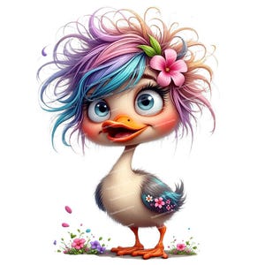 12 imágenes prediseñadas de patos divertidos, pájaros de dibujos animados, plumas de colores, patos desesperados, PNG de alta calidad, diseño de sublimación, imágenes prediseñadas para tarjetas e invitaciones