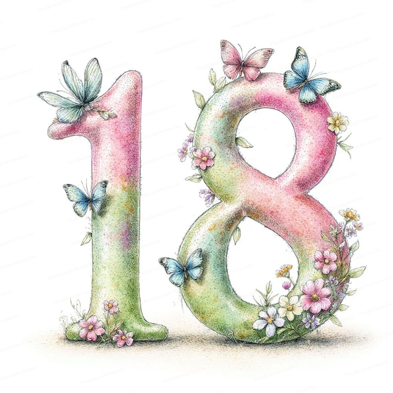 May include: A watercolor illustration of the number "18" decorated with butterflies and flowers. The numbers are shaded in pink and green, with butterflies in shades of blue and pink. Small pink, white, and yellow flowers are scattered around the numbers.