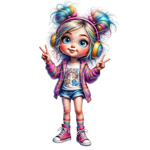 12 Whimsical Girl Clipart, Cute Cartoon Girl, Messy Hair Teen, Girl with Headphones, High Quality PNGs for Junk Journals and Card Making image 5
