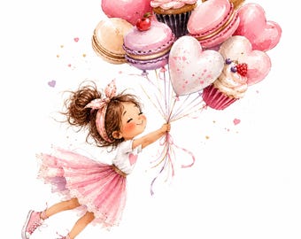 May include: A watercolor illustration of a child with brown hair in a bun and a pink headband, wearing a white t-shirt with a heart and a pink tulle skirt with pink sneakers, floating while holding a cluster of heart-shaped balloons and cupcakes.