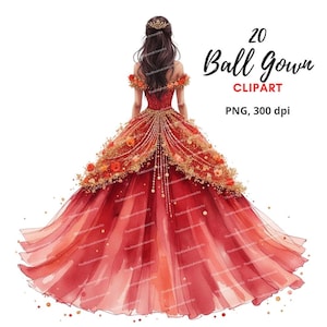 20 Ballkleid Clipart, Mädchen im Kleid Illustration, Hochwertige PNGs, Aquarell Prinzessinnenkleid für Einladungen und Partydekorationen