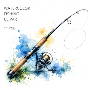 May include: A watercolor illustration of a fishing rod with a cork handle and a spinning reel, set against blue and yellow paint splatters. The text WATERCOLOR FISHING CLIPART 11 PNG is visible in the upper left corner of the image.