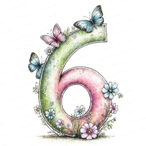 May include: Watercolor illustration of the number six, decorated with butterflies and flowers. The number is shaded green and pink, with three butterflies and various flowers in blue, pink, and white.