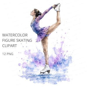 Op de afbeelding: Een aquarelillustratie van een kunstschaatser die een verticale spagaat uitvoert. De schaatser draagt een paarse jurk met lange mouwen en witte schaatsen. De tekst luidt WATERCOLOR FIGURE SKATING CLIPART 12 PNG. Paarse en blauwe verfspatten.