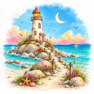 Op de afbeelding: Een aquarelillustratie van een witte vuurtoren met een rood dak en een gloeiende lantaarnkamer, gelegen op een rotsachtig eiland. Een stenen pad met touwleuningen leidt naar de kust, met roze bloemen, een zeester en een halve maan erboven.