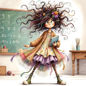 Pode incluir: Uma ilustra&ccedil;&atilde;o caprichosa de uma menina com cabelo castanho comprido vestindo um vestido colorido e um casaco marrom. Ela est&aacute; segurando um livro azul e tem uma express&atilde;o travessa no rosto. O fundo apresenta um quadro-negro com equa&ccedil;&otilde;es matem&aacute;ticas e uma mesa de madeira com l&aacute;pis.