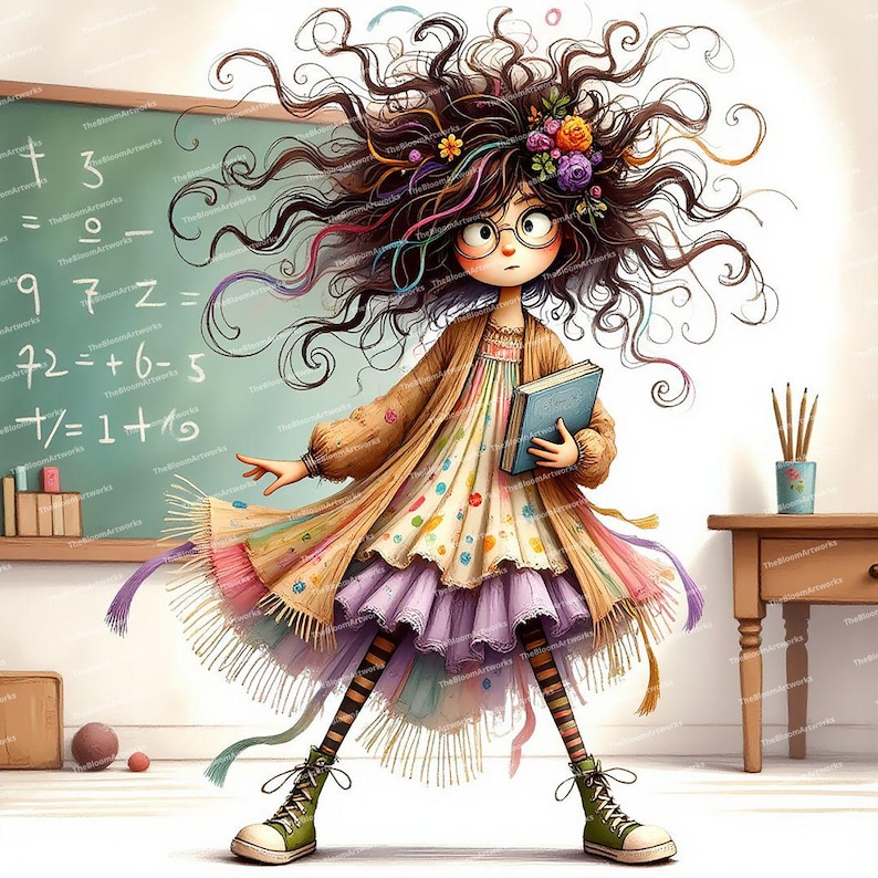 Pode incluir: Uma ilustra&ccedil;&atilde;o caprichosa de uma menina com cabelo castanho comprido vestindo um vestido colorido e um casaco marrom. Ela est&aacute; segurando um livro azul e tem uma express&atilde;o travessa no rosto. O fundo apresenta um quadro-negro com equa&ccedil;&otilde;es matem&aacute;ticas e uma mesa de madeira com l&aacute;pis.