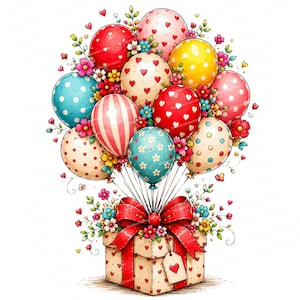 Könnte beinhalten: Eine Geschenkbox mit roter Schleife und Band, verziert mit kleinen roten Herzen und einem herzförmigen Anhänger, verbunden mit einem großen Bündel bunter Luftballons. Die Ballons zeigen verschiedene Muster wie Punkte, Streifen und Herzen in Rot, Gelb, Blau und Rosa, akzentuiert mit kleinen Blumen.