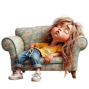 12 imágenes prediseñadas de niña durmiendo, adorable niña durmiendo, ilustración infantil soñadora, PNG de alta calidad, diseño de sublimación, imágenes prediseñadas para tarjetas e invitaciones