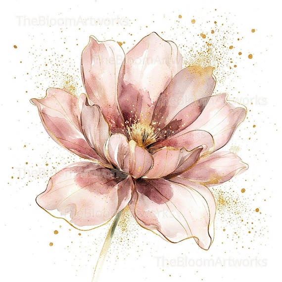 水彩画の花のクリップアート12点、ピンクゴールドの花、花のイラスト
