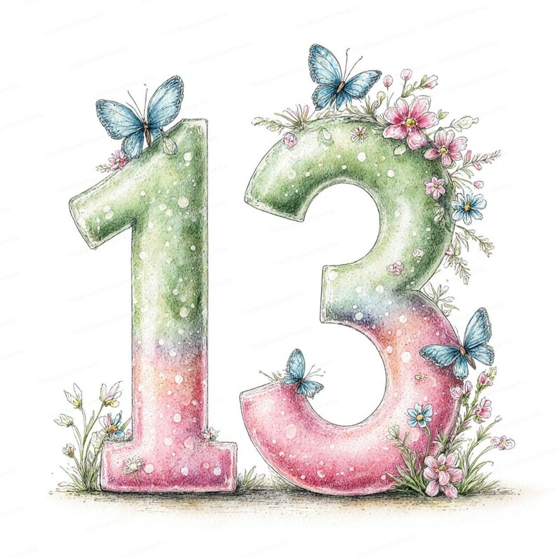 May include: Watercolor illustration of the number 13, decorated with butterflies and flowers. The numbers transition from green to pink, with a dotted texture. Butterflies in shades of blue are perched on the numbers, and flowers and greenery surround the base.
