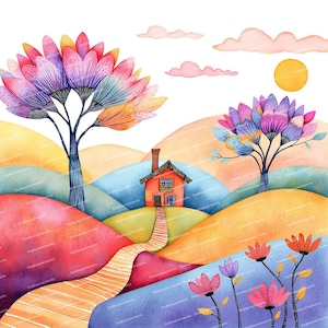 12 imágenes prediseñadas de paisajes caprichosos, imágenes prediseñadas de acuarela, ilustraciones de fantasía, archivos JPG de alta calidad para scrapbooking, creación de tarjetas y diarios basura.