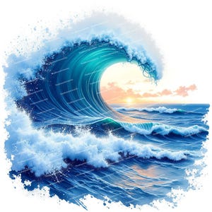 May include: A large, blue wave crashes over the ocean, creating a spray of white foam. The sun is setting in the background, casting a warm glow on the water.