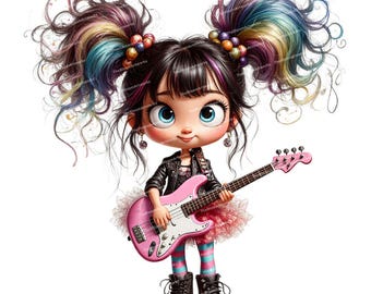 12 Rock Star Girl Clipart, Cute Rock Kid Art, Cartoon Girl with Guitar, Punk Music Girl, High Quality PNGs for Junk Journals and Card Making
