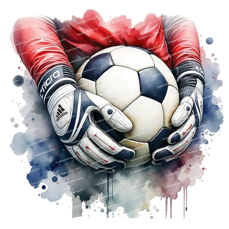 Puede incluir: Una pintura de acuarela de un portero de f&uacute;tbol con guantes rojos y blancos atrapando un bal&oacute;n de f&uacute;tbol. Las manos del portero est&aacute;n agarrando el bal&oacute;n con fuerza, y el bal&oacute;n est&aacute; enfocado. El fondo es una acuarela de azul y morado.