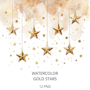 Può includere: Un'illustrazione digitale che presenta diverse stelle dorate ad acquerello appese a sottili linee verticali su uno sfondo beige sfumato. Il testo WATERCOLOR GOLD STARS 12 PNG è stampato in grigio scuro nella parte inferiore dell'immagine.