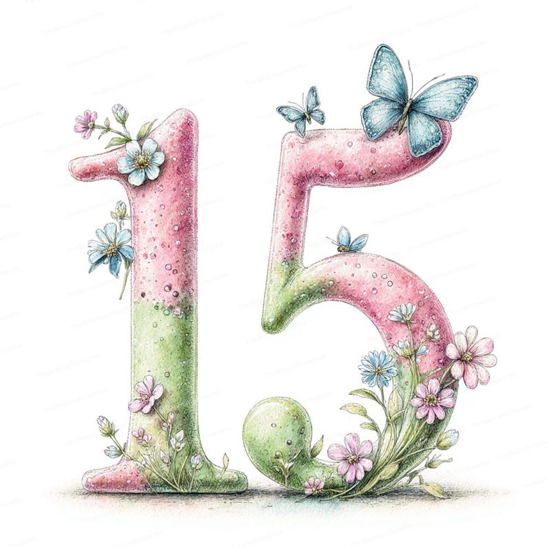 May include: A watercolor illustration of the number 15, decorated with flowers and butterflies. The numbers are pink and green, with a textured appearance. Blue and pink flowers and butterflies are scattered around the numbers.
