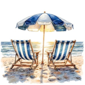 Può includere: Illustrazione ad acquerello di una scena sulla spiaggia con due sedie a sdraio a righe blu e bianche e un ombrellone abbinato. La spiaggia è sabbiosa e l'oceano è visibile sullo sfondo. L'ombrellone è aperto e il sole splende.
