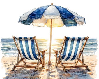 May include: Watercolor illustration of a beach scene with two blue and white striped deck chairs and a matching umbrella. The beach is sandy, and the ocean is visible in the background. The umbrella is open, and the sun is shining.