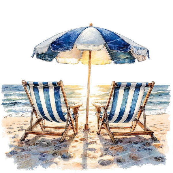 12 sillas de playa, imágenes prediseñadas de acuarela de verano, atardecer en el océano, escena de playa costera, PNG de alta calidad para scrapbooking, tarjetas y diarios basura.
