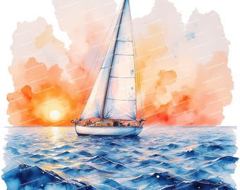 14枚の水彩ヨットのクリップアート、夕焼けのヨットのイラスト、航海
