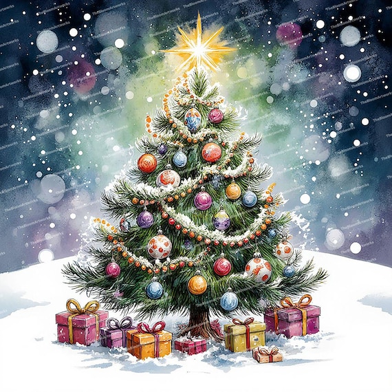 クリスマスツリーのクリップアート12点、水彩画のクリスマスツリー